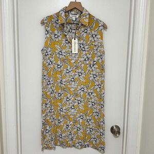 UNIVERSITY CLUB | NWT Sleeveless Yellow Floral Print Button Front Shirt Dress, M